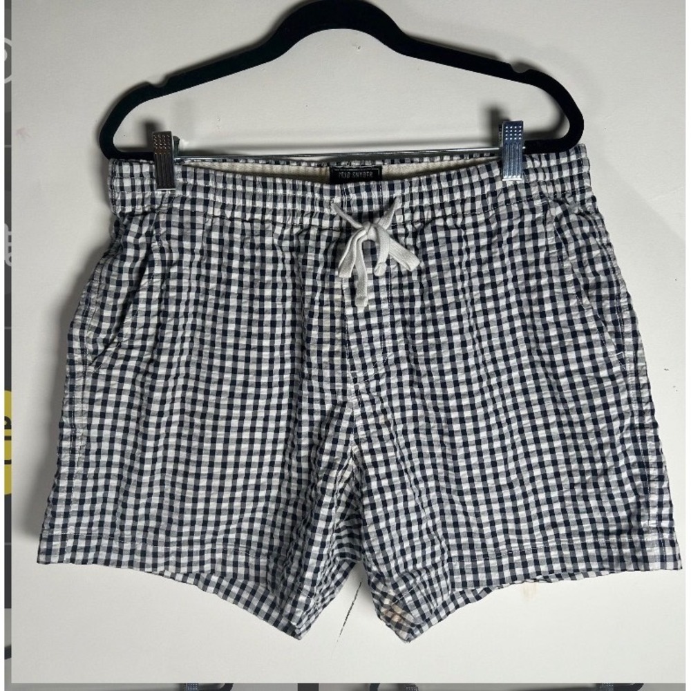 Todd Snyder Men Navy White Gingham Drawstring Weekend Shorts L 11-PA1582110-BL03